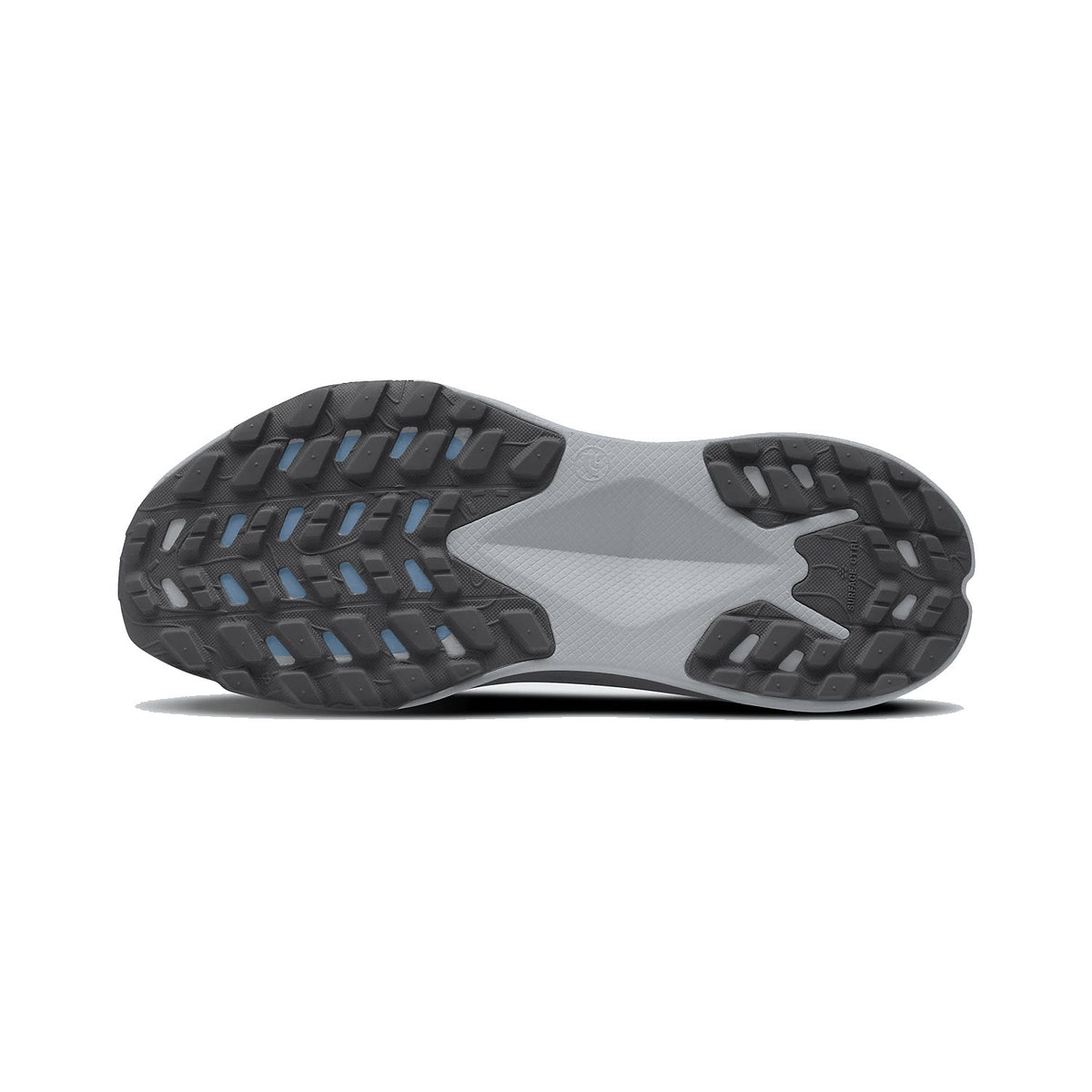 Bottom view of a North Face trail-running shoe sole with intricate black and blue tread pattern on a white background.