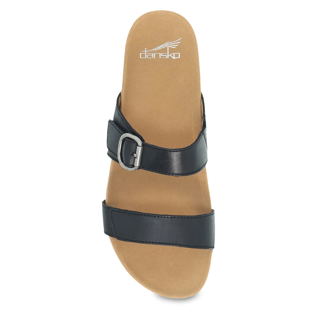 Black Dansko Justine slide sandal with two straps and a buckle, perfect for casual all-day wear, on a white background.