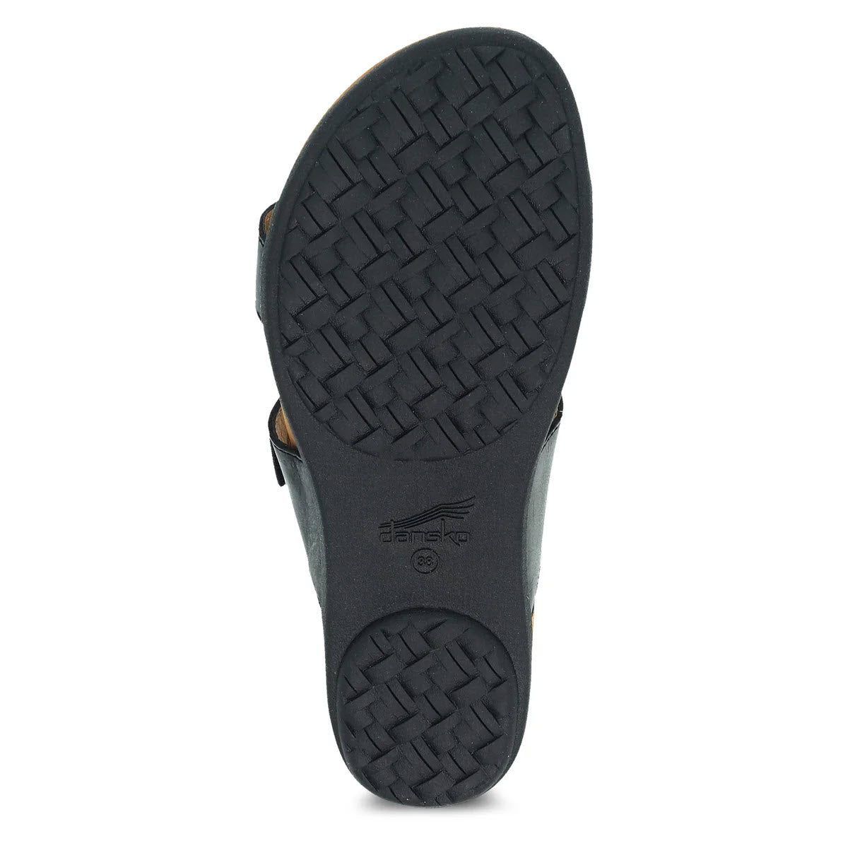 Bottom view of a Dansko Justine Black slide sandal with a black, woven-pattern sole displaying a logo.