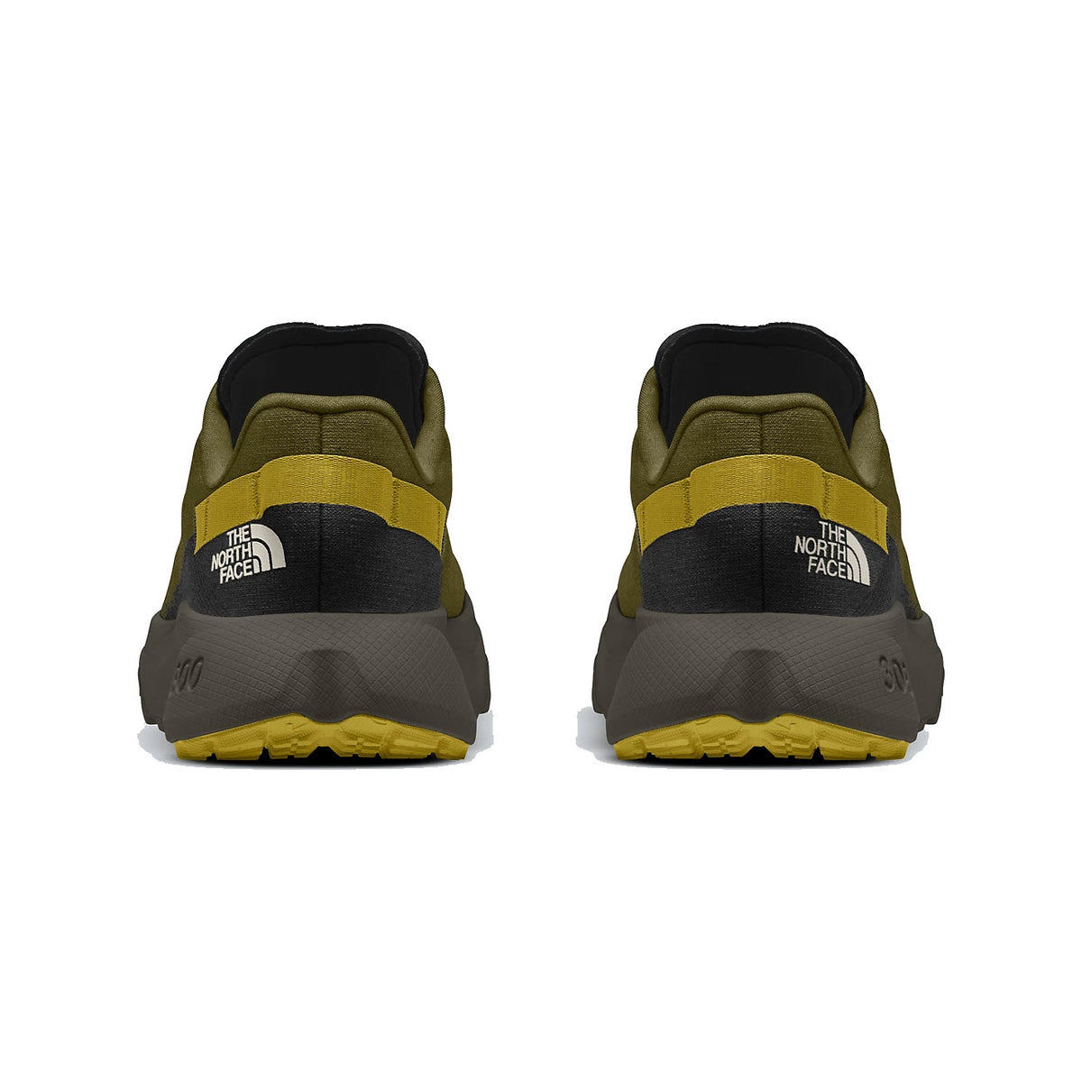 Rear view of two olive and yellow North Face ALTAMESA 300 FOREST OLIVE/TNF BLACK trail-running shoes featuring SURFACE CTRL rubber outsoles, against a white background.