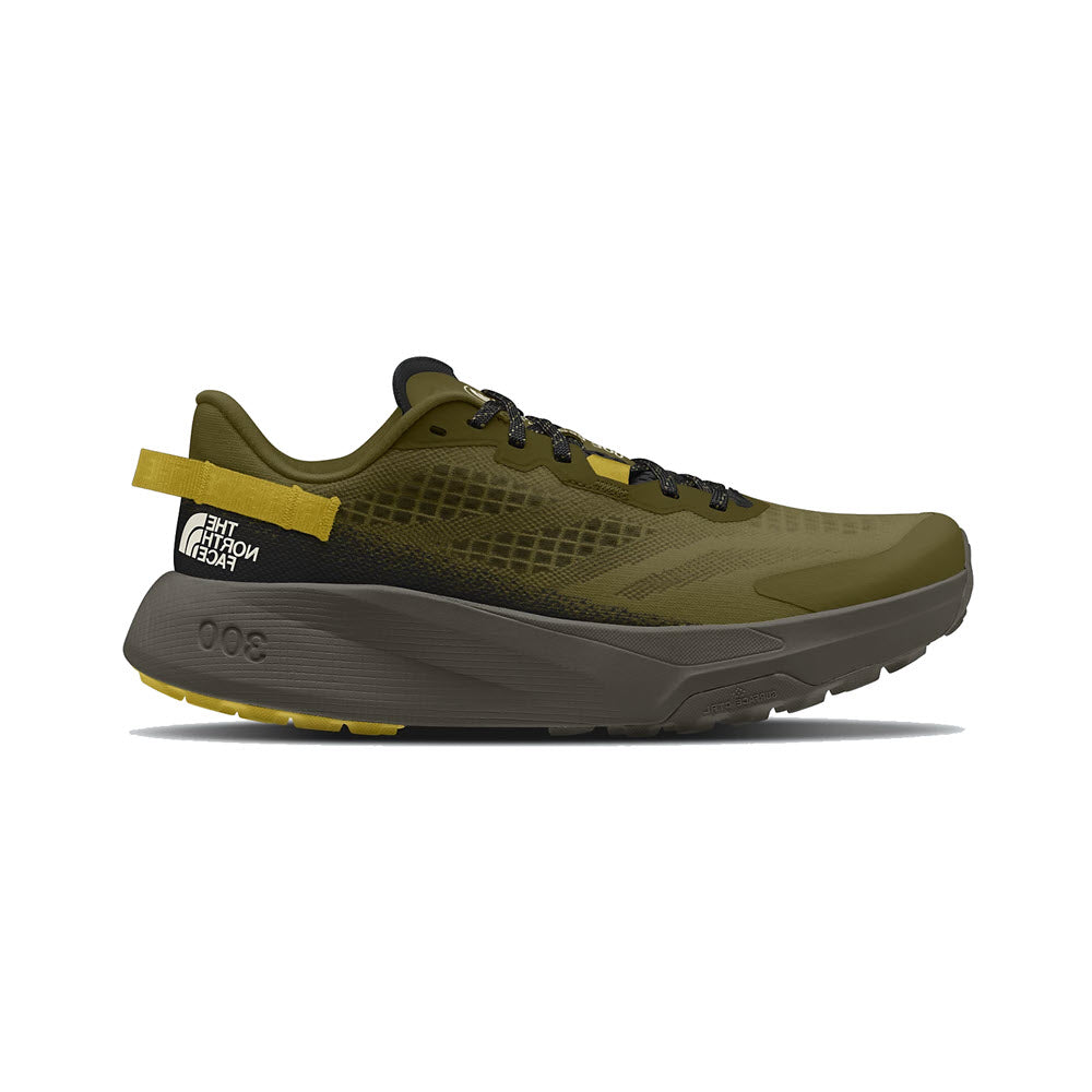 North Face Olive green trail-running shoe with black and yellow accents, featuring SURFACE CTRL rubber outsoles and a yellow heel tab.