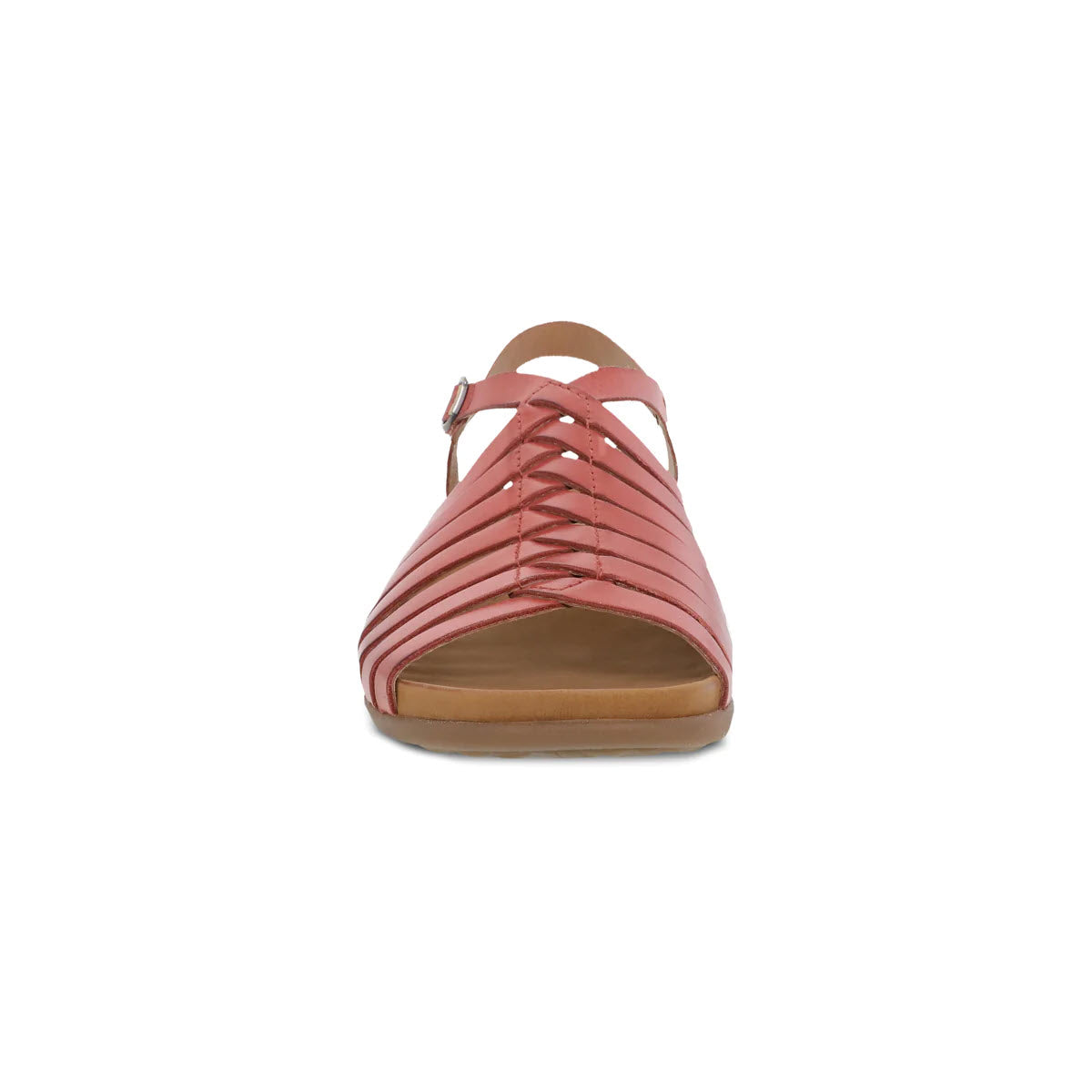 Front view of a coral pink strappy sandal with a cushioned sole, isolated on a white background featuring the Dansko Jennifer Clay - Womens sandal.