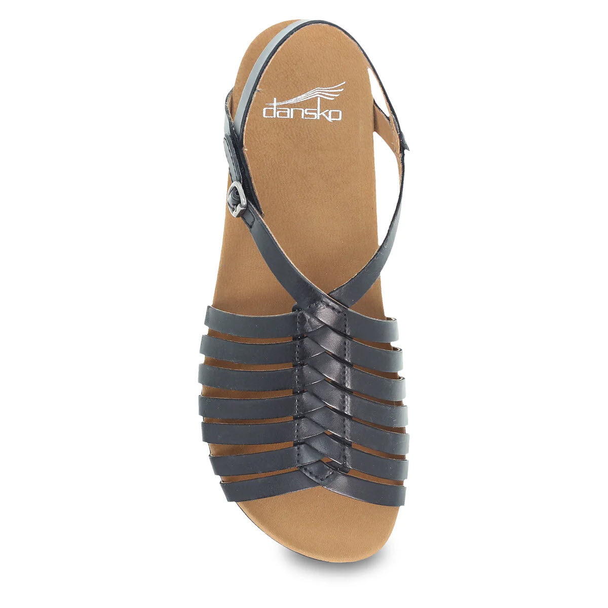 A single Dansko Jennifer Black - Women&#39;s sandal with a fashionable strap design and an ankle strap, displayed against a white background.