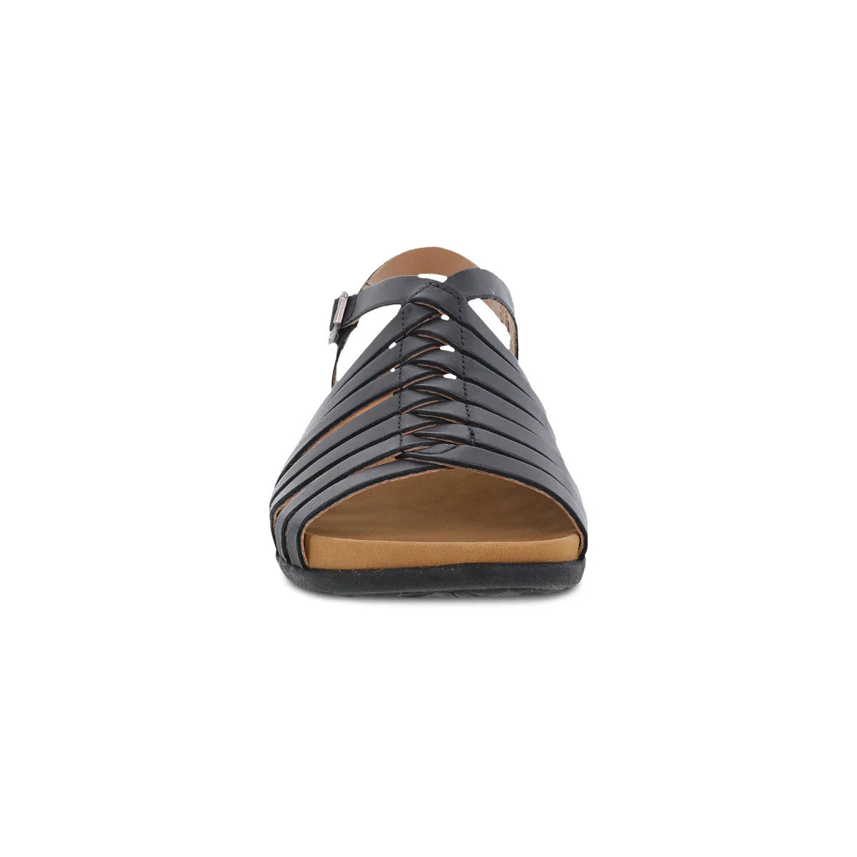 Dansko Jennifer Black strappy sandal with a cushioned sole, viewed from the top against a white background.