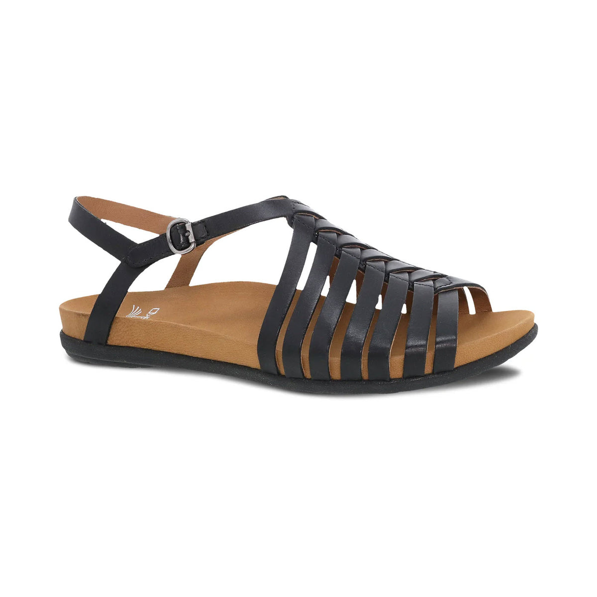 Dansko Jennifer Black strappy sandal with a fashionable strap design, featuring a buckle closure and a brown footbed, isolated on a white background.
