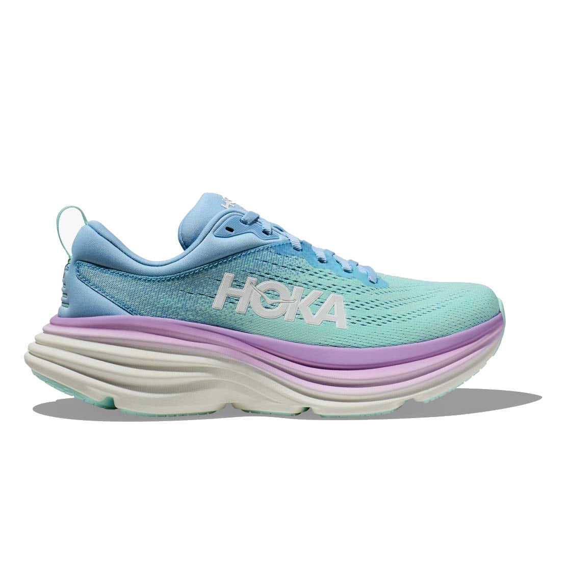 A turquoise and lavender athletic shoe with white "Hoka" branding on the side, featuring a thick, ultra-cushioned sole made from softer, lighter foams is the HOKA BONDI 8 AIRY BLUE/SUNLIT OCEAN - WOMEN.