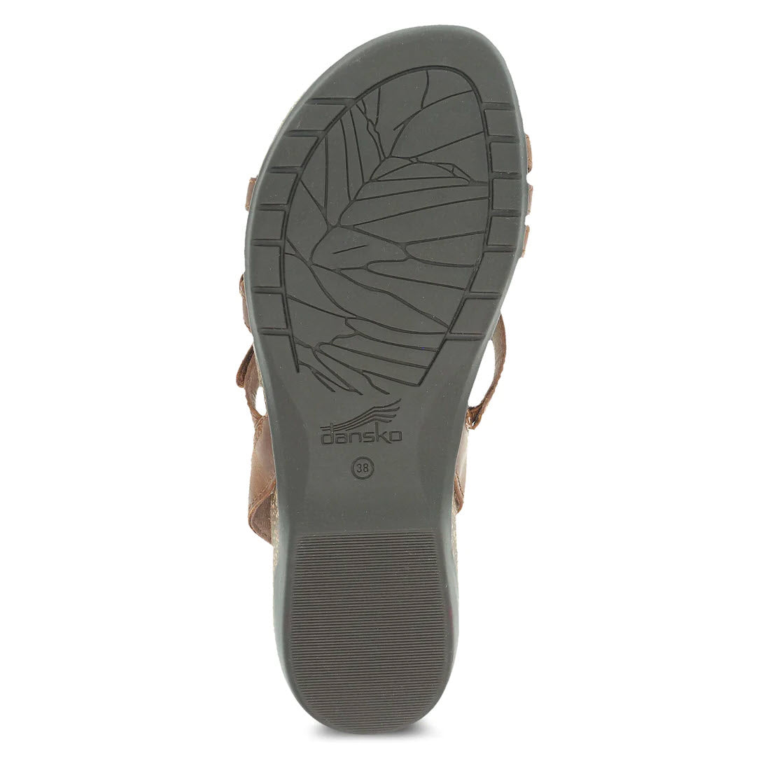 Bottom view of a fashionable, super supportive Dansko Roslyn Tan - Womens shoe showcasing its tread design and brand logo.