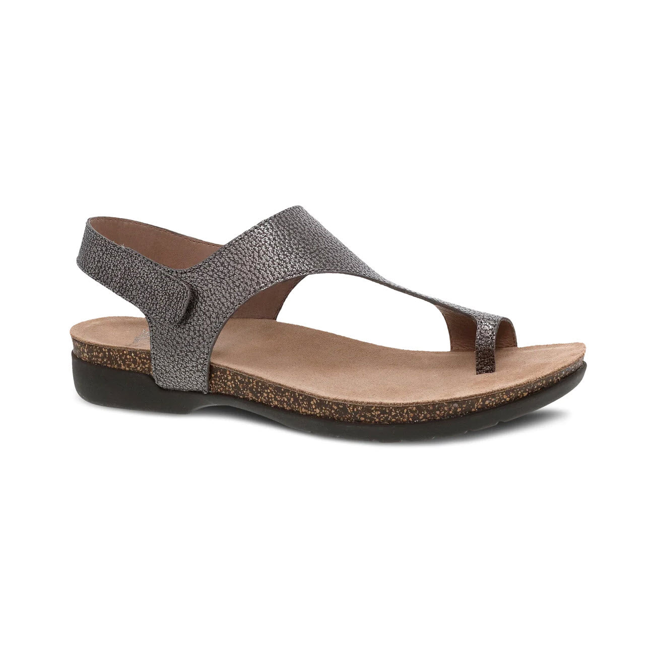 A single Dansko Reece Pewter sandal with a textured strap and a cork midsole, isolated on a white background.