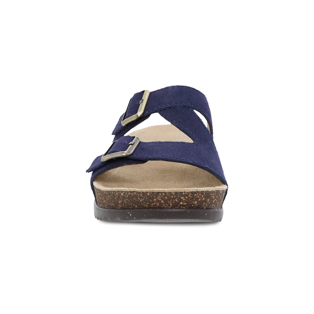 Dansko navy blue double strap slide sandal with buckled straps and a cork sole, isolated on a white background.