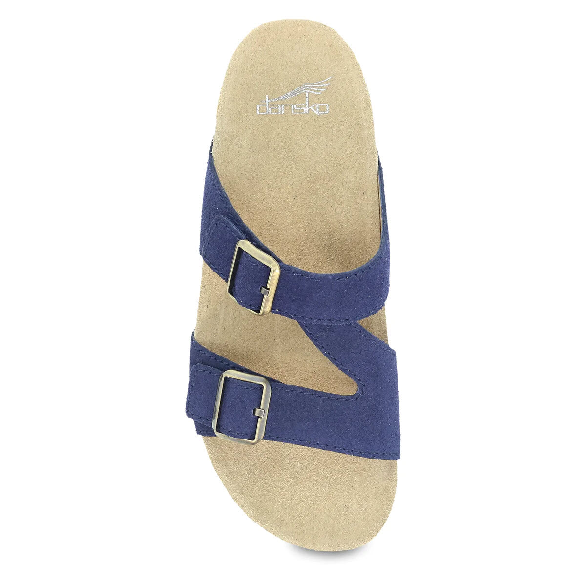 Top view of a Dansko Dayna Navy - Womens sandal with two buckled straps and a flat Vibram ECOSTEP EVO rubber outsole.