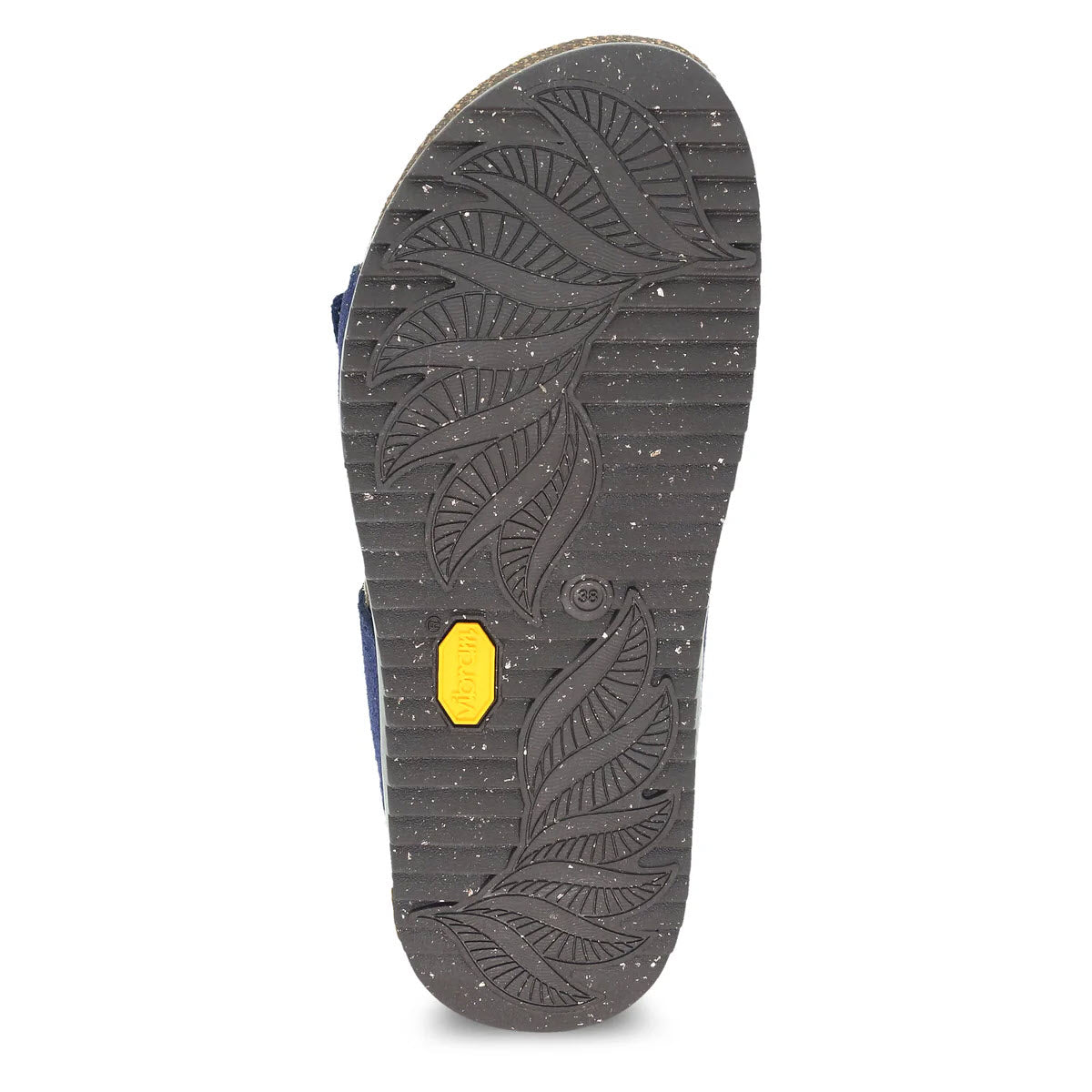 Sole of a shoe displaying a pattern of leaves and lines, with a yellow Dansko ECOSTEP EVO rubber outsole logo in the center.