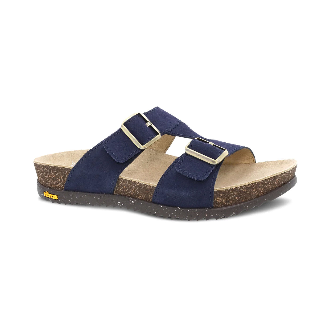 A single Dansko Dayna Navy - Womens sandal with two adjustable straps and a Vibram ECOSTEP EVO rubber outsole against a white background.