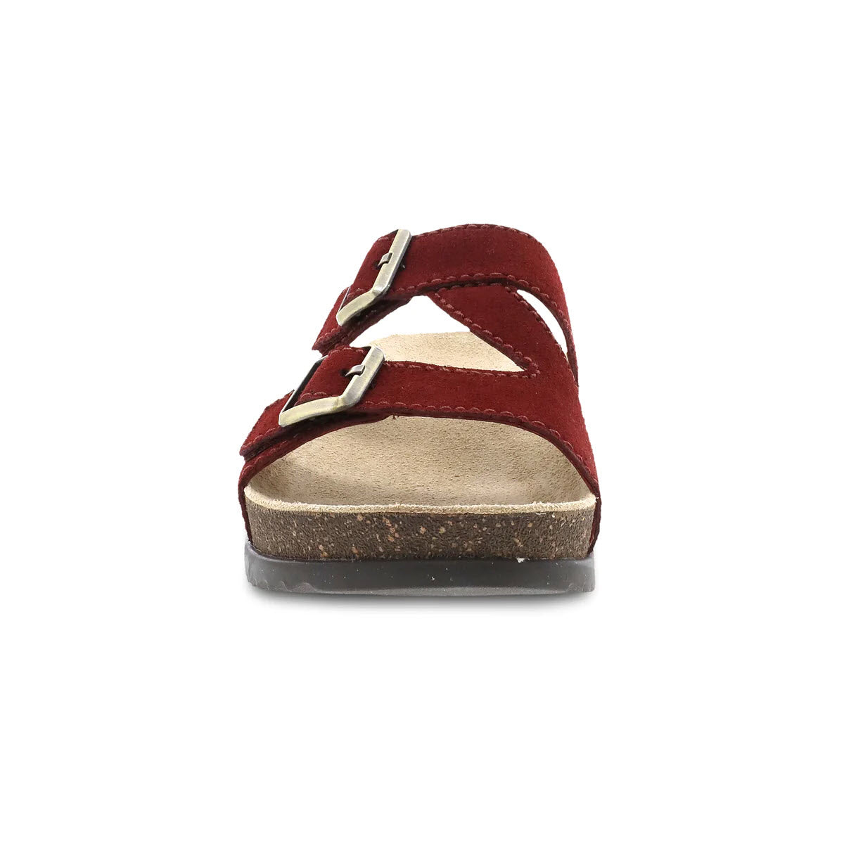 Dansko red chrome-free suede sandal with two buckled straps and a cork sole, photographed against a white background.