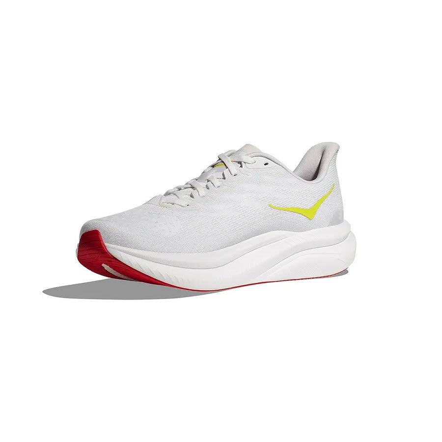 Hoka white lightweight trainers with a red sole and a yellow logo on a white background.