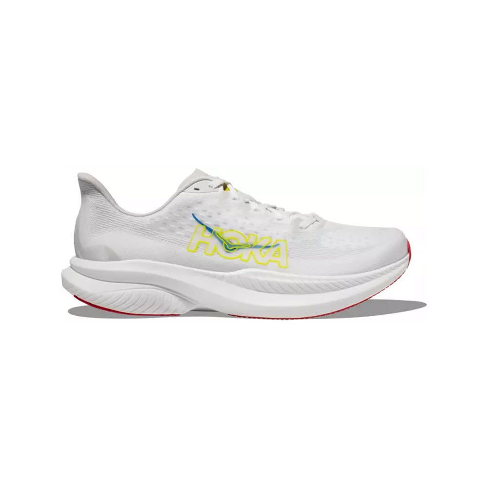 White HOKA Mach 6 running shoe with a prominent sole and yellow brand logo, featuring super critical foam for enhanced energy return.