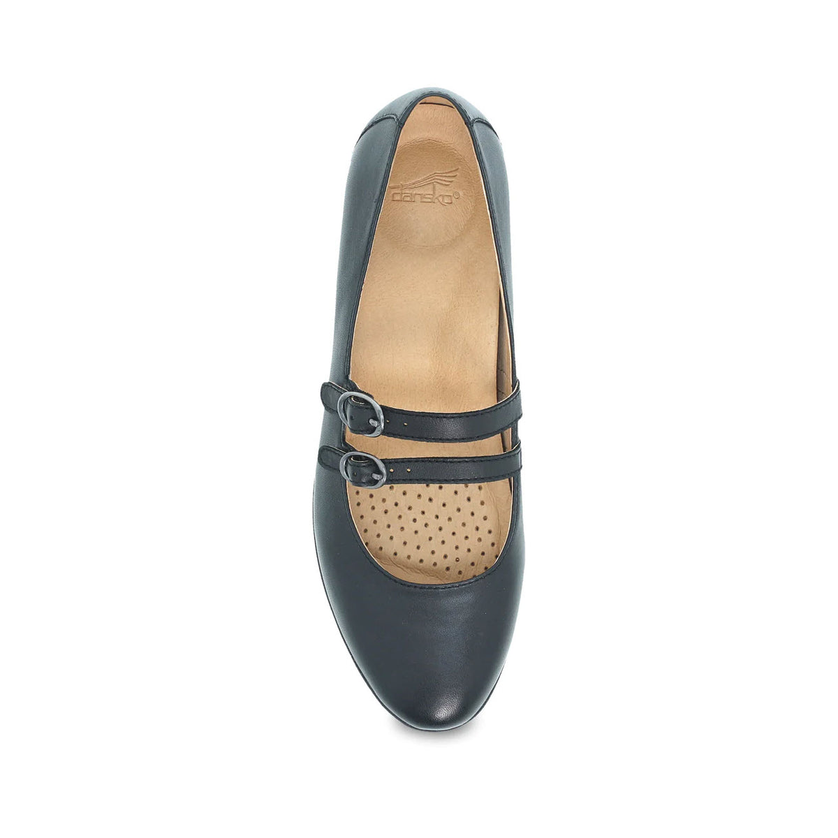 A Dansko Leeza black mary jane shoe with a rounded toe, perforated detail, and an adjustable single buckle strap, viewed from the top.