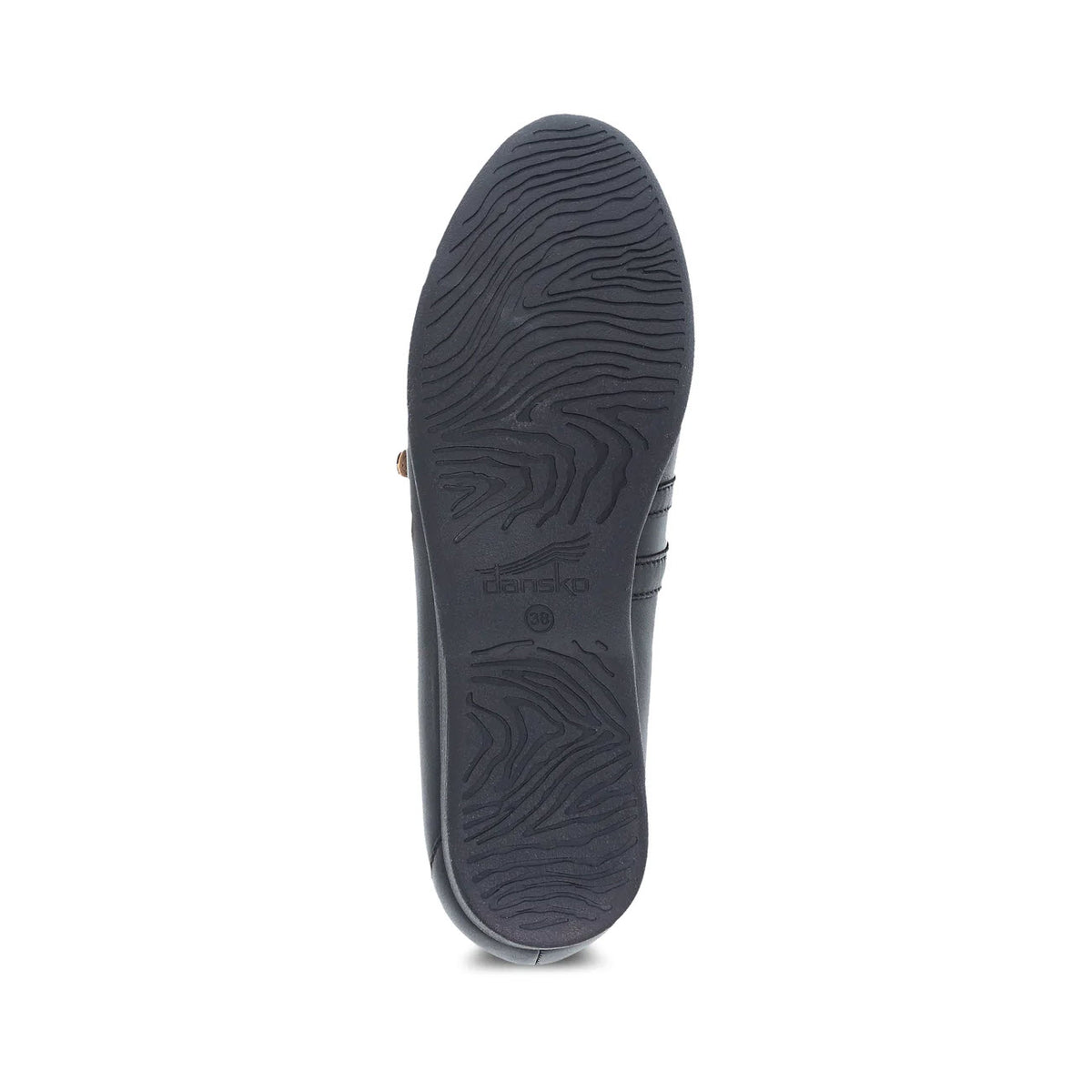 Bottom view of a Dansko Leeza Black - Womens shoe displaying a textured sole with a pattern resembling elegant wood grain, featuring embossed brand logo.