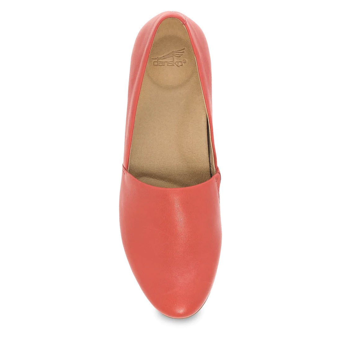 Dansko Larisa Poppy red leather uppers flat shoe viewed from above, featuring Dansko Natural Arch technology for enhanced arch support.