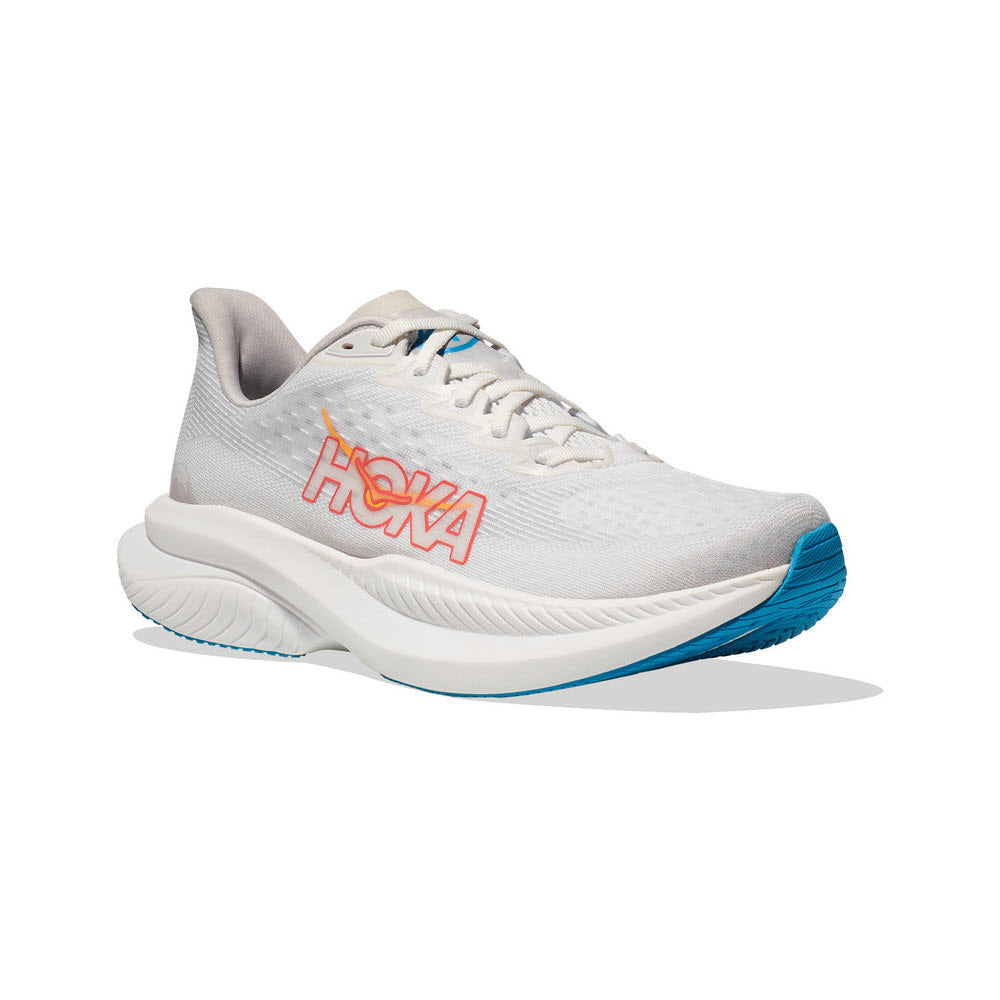 A single HOKA MACH 6 running shoe in white with prominent logo, featuring a blue sole and accents made from super critical foam for optimal energy return.
