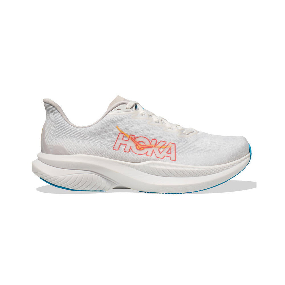 The HOKA MACH 6 White/Nimbus Cloud running shoe from Hoka with a prominent logo on the side, featuring a blue accent on the sole and a lightweight design enhanced by super critical foam.
