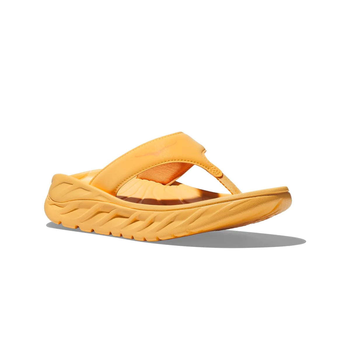 A single HOKA ORA RECOVERY FLIP WISTFUL POPPY/SQUASH sandal with a thick, oversized midsole and an over-the-foot strap, displayed against a plain white background.