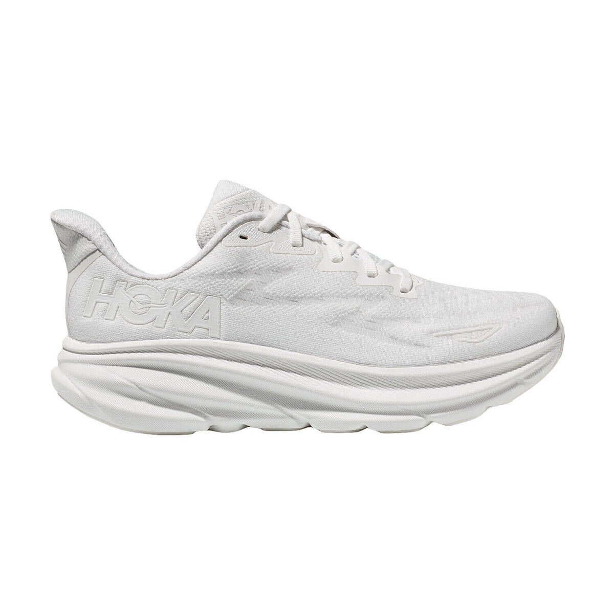 A single white Hoka Clifton 9 White/White - Mens running shoe displayed in profile view on a white background.