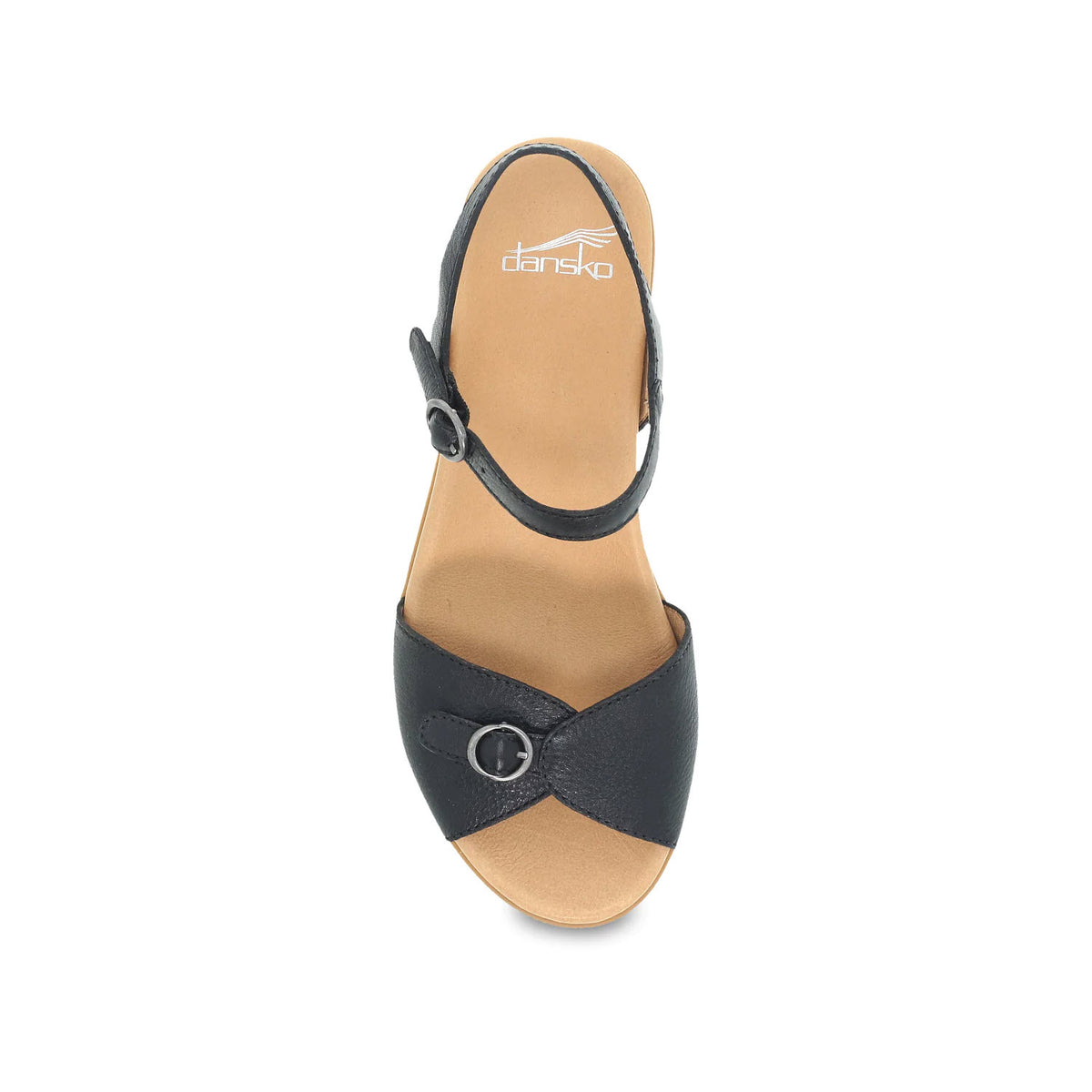 Top view of a Dansko Tessie Black - Womens heeled sandal, featuring a black and tan leather upper with an ankle strap and circular buckle.
