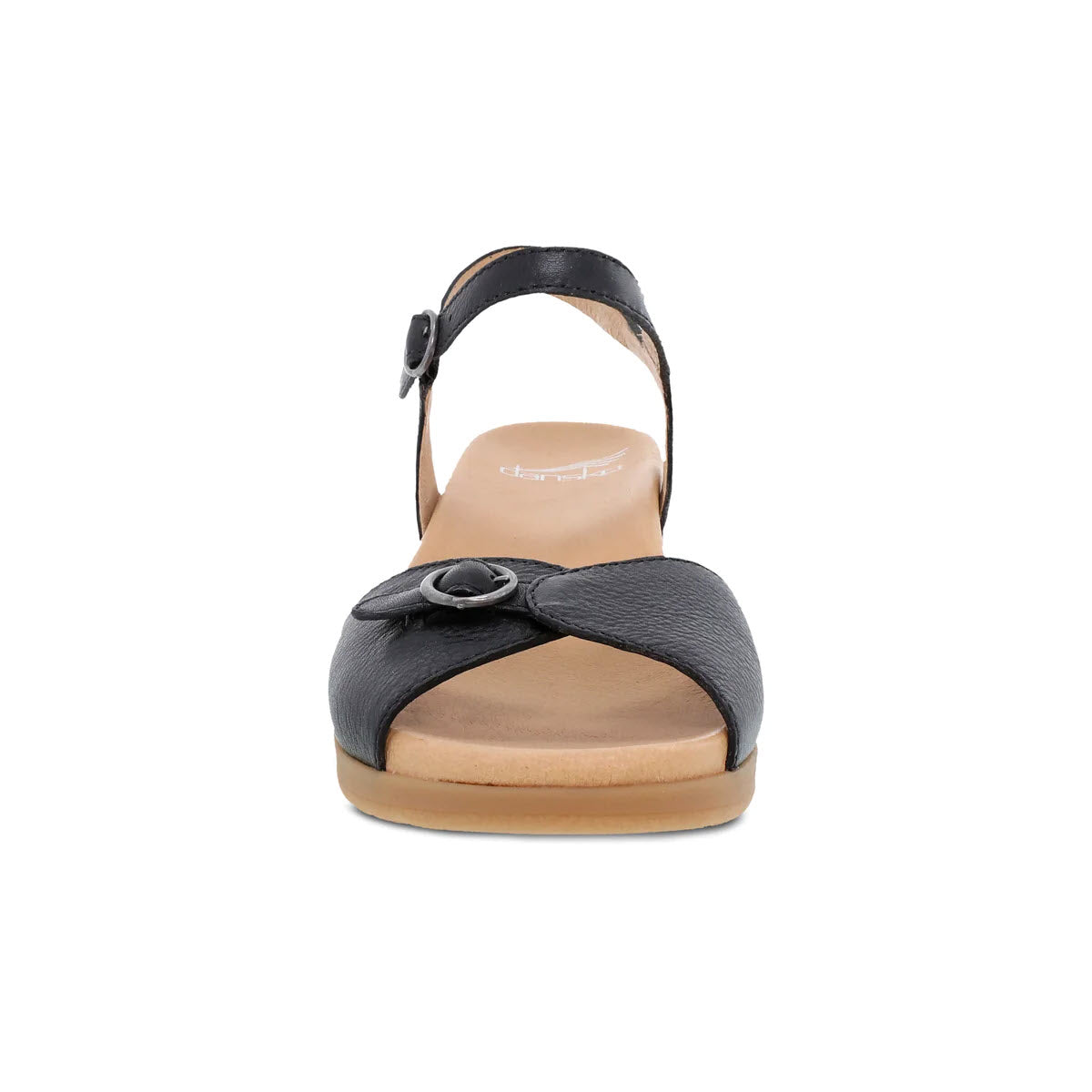 Dansko black leather heeled sandal with a single strap over the toe and an ankle strap, set against a white background.
