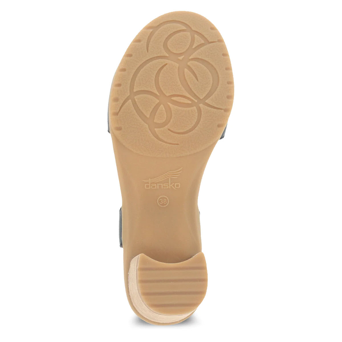 Bottom view of a comfortable beige Dansko Tessie Black - Womens shoe displaying its tread pattern and logo.