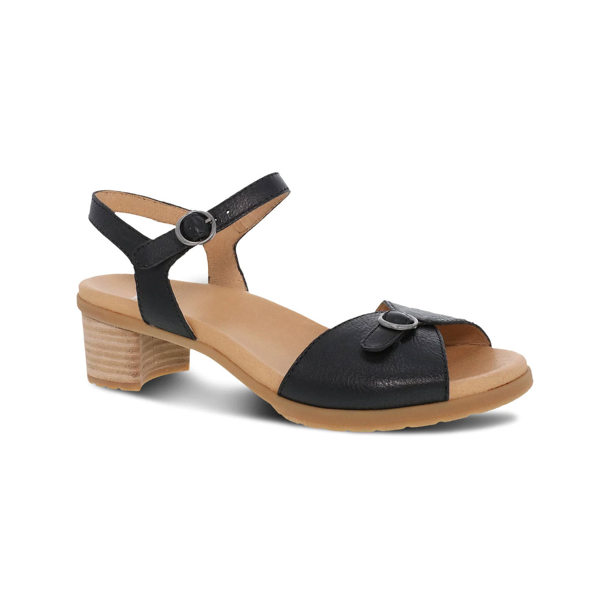 Dansko black leather heeled sandal with a single strap over the toes, an ankle strap with a buckle, and a short stacked wooden heel, displayed on a white background.