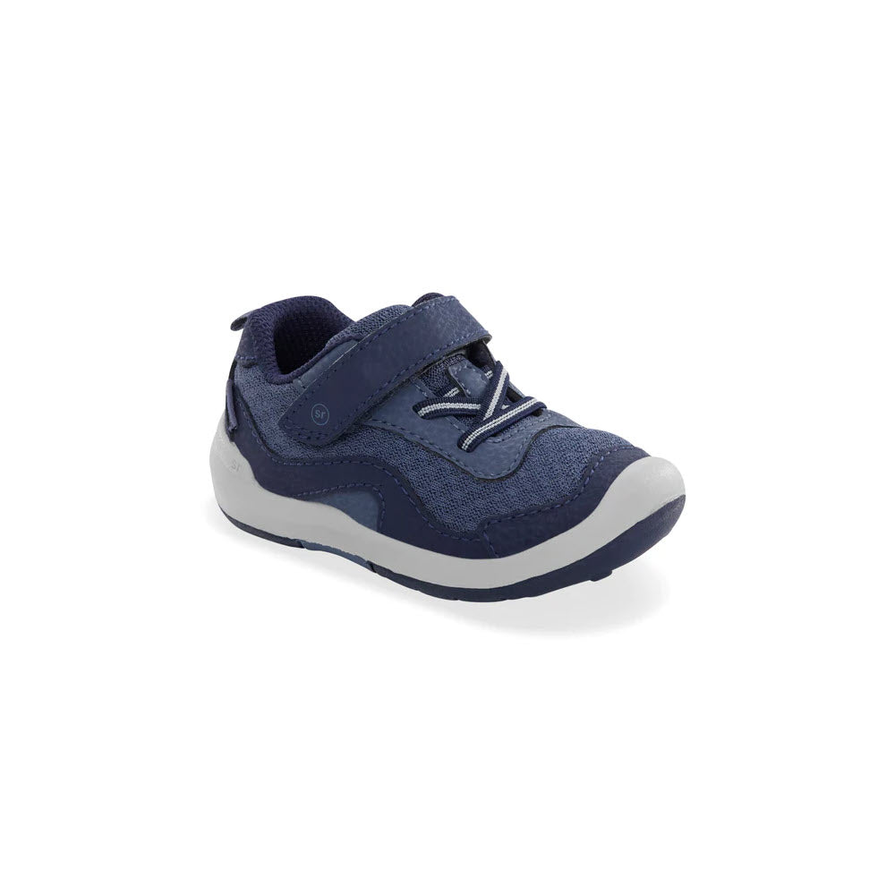 A single navy Stride Rite toddler&#39;s sneaker with velcro straps and white soles, displayed against a white background.