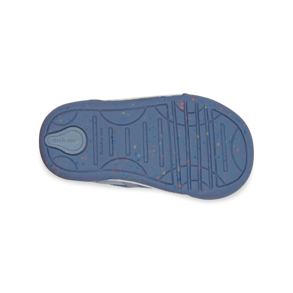 Sole of a child&#39;s Stride Rite SR Fern Blue Sneakers with a colorful speckle pattern and branding visible.