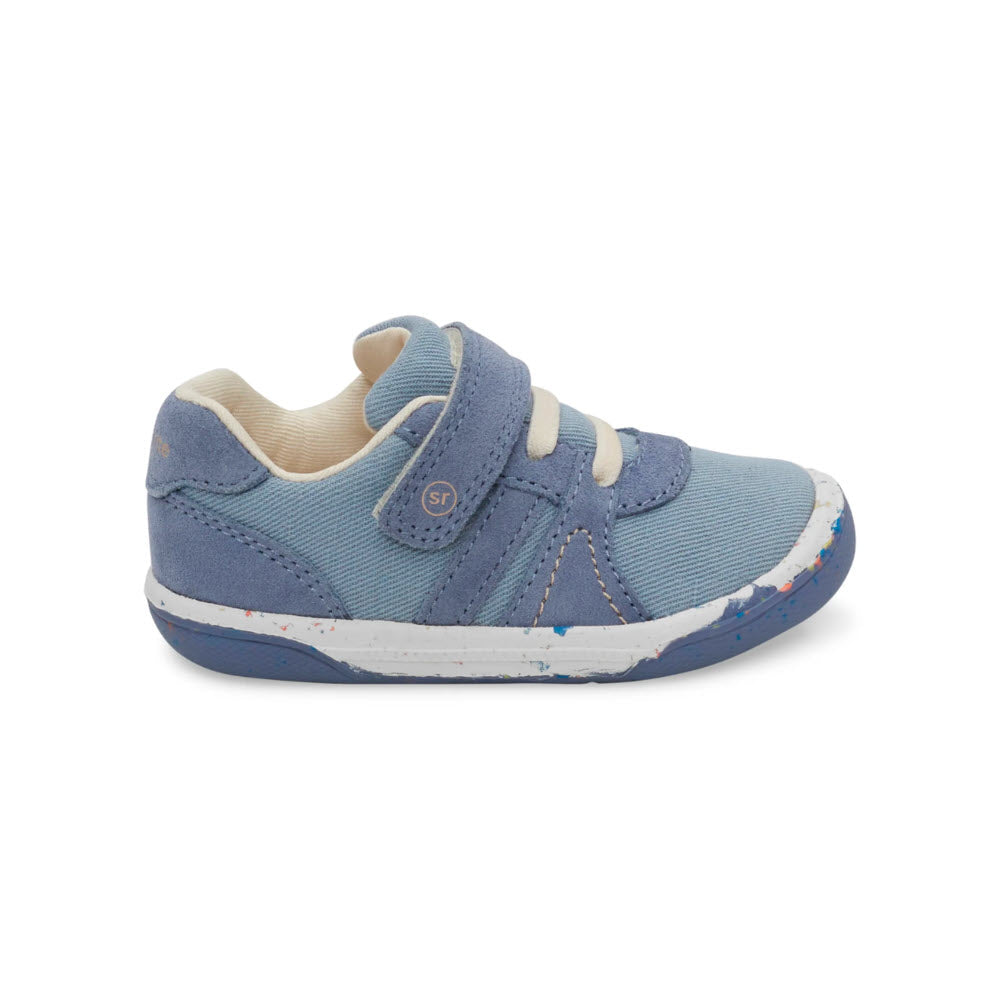 Single STRIDE RITE SR FERN BLUE Sneakers for toddlers with velcro strap and speckled sole on a white background.