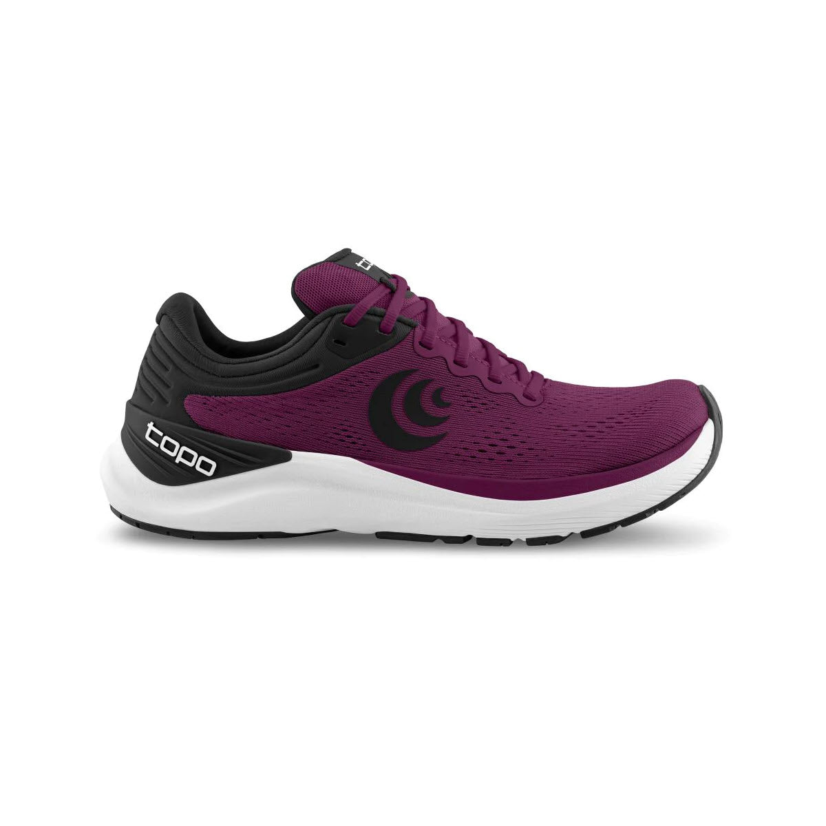 A single Topo Ultrafly 4 Wine/Black - Womens daily training running shoe set against a white background.