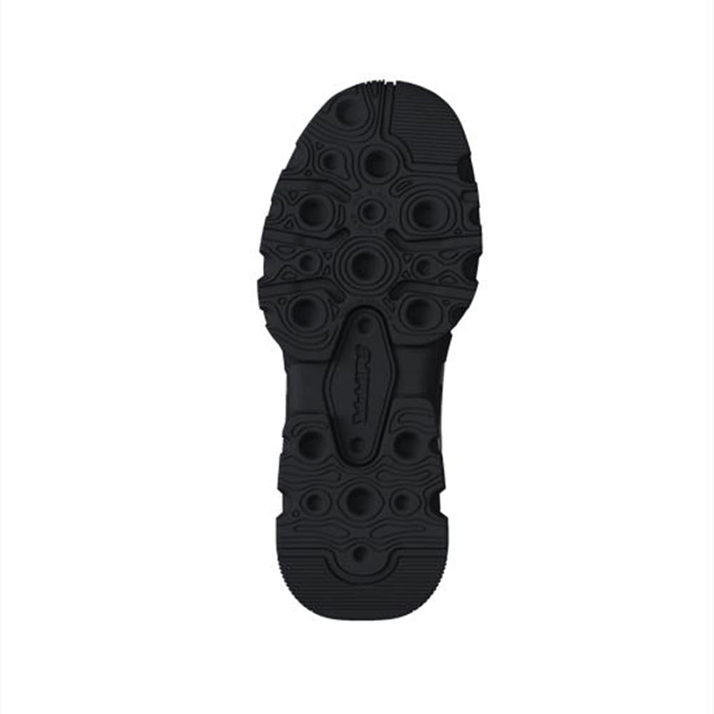 Timberland shoe sole with circular and oval tread patterns, featuring a centered rectangular Timberland imprint and electrical hazard protection.