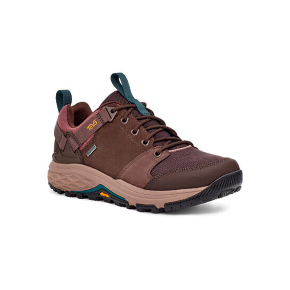 A single Teva Grandview GTX Low Bracken/Burlwood hiking shoe with brown accents and waterproof teal details, displayed on a white background.