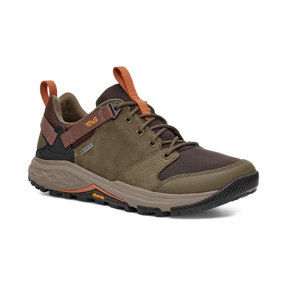 A pair of TEVA GRANDVIEW GTX LOW RAINFOREST BROWN/DARK hiking shoes in brown and green with orange laces and a rugged Vibram Megagrip outsole.