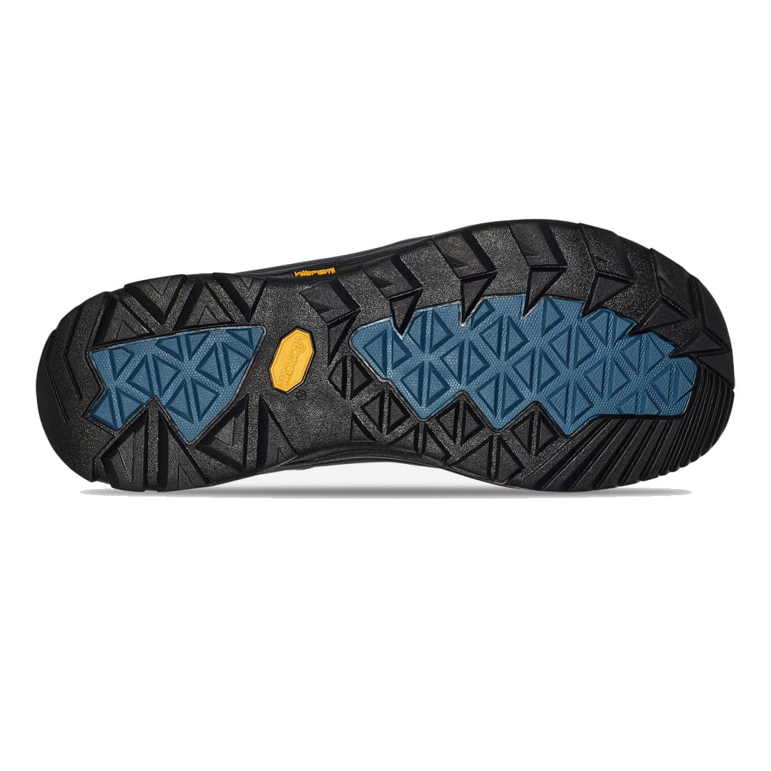 Tread pattern of a Teva hiking boot sole, featuring black and blue geometric designs with a rectangular yellow logo, designed for the modern-day hiker.