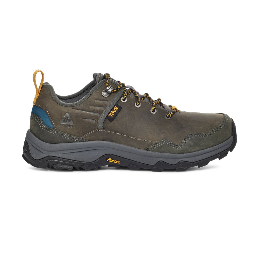 A single Teva Riva RP Charcoal/Blue - Mens hiking shoe with a grippy outsole, featuring yellow laces and a blue accent on the heel.
