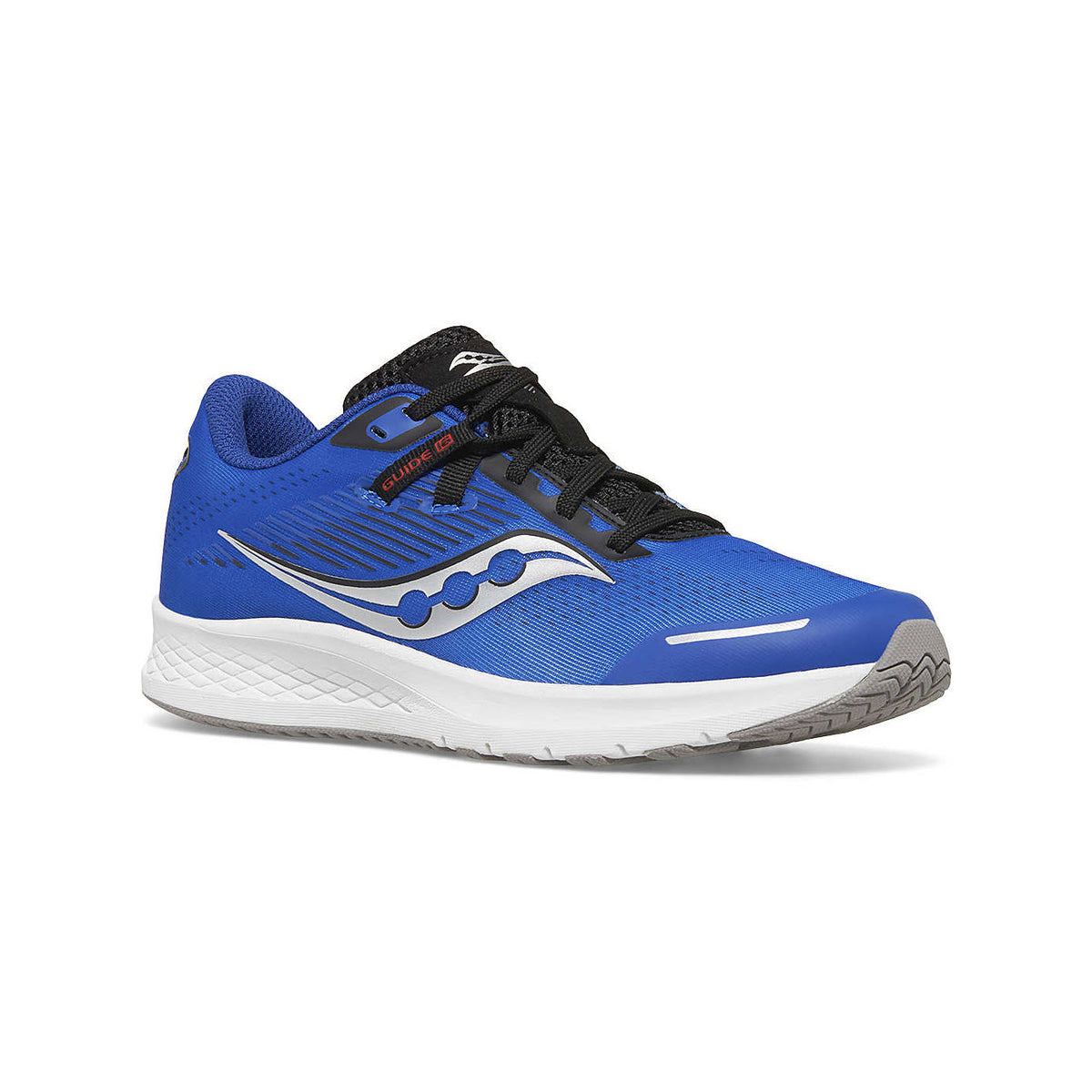 A Saucony Guide 16 blue/black performance runner with white soles and the brand&#39;s logo in black and white on the sides.