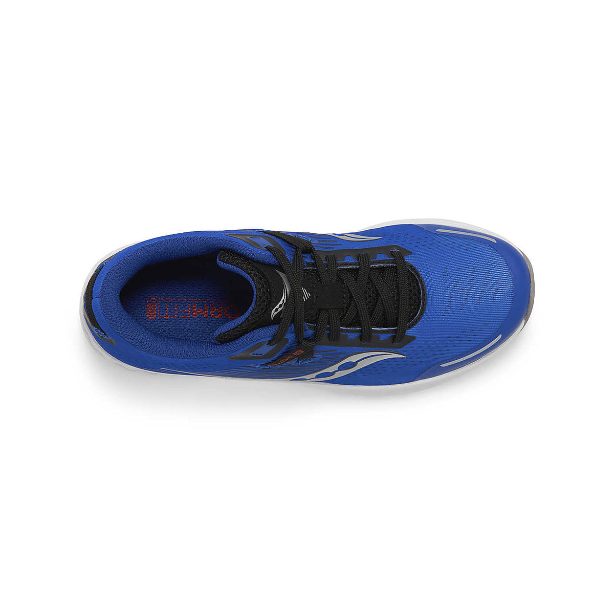 Top view of a single Saucony Guide 16 blue/black performance runner with black laces and a distinctive pattern on the side.
