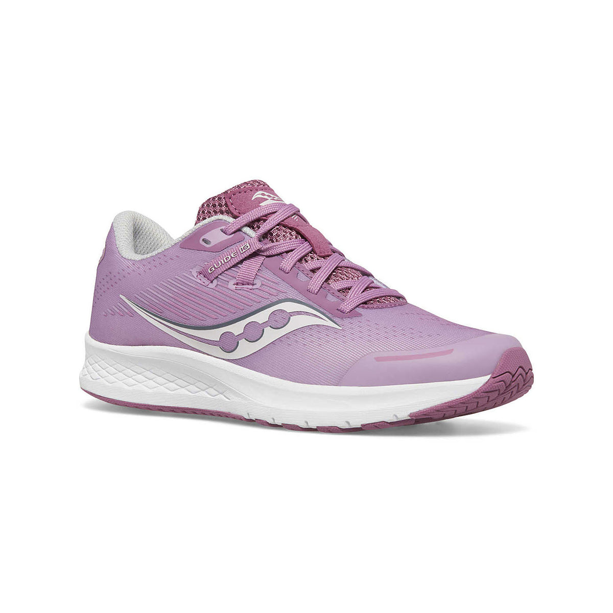 A single light purple Saucony Guide 16 Orchid performance runner with white soles and a distinctive wave pattern on the side.