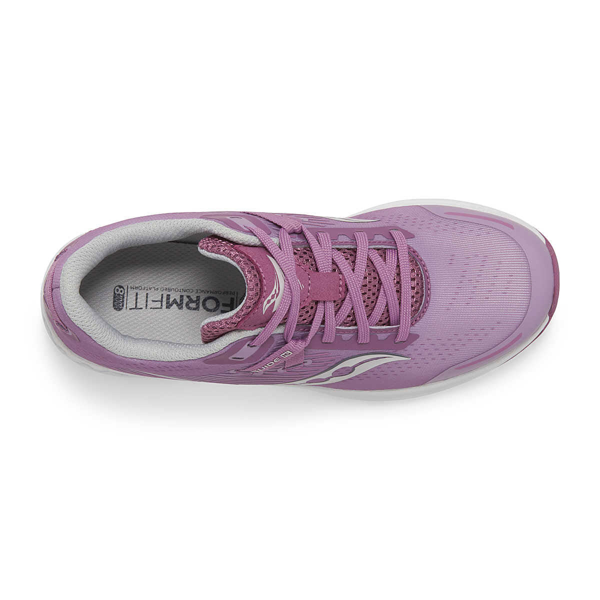Top view of a single Saucony Guide 16 Orchid - Kids running shoe with laces, featuring a breathable mesh upper and a contoured footbed.