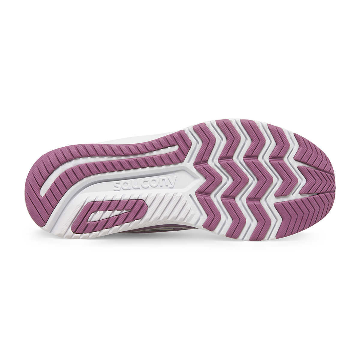 Bottom view of a purple and white Saucony kids road sneaker sole with zigzag tread and brand name imprint.