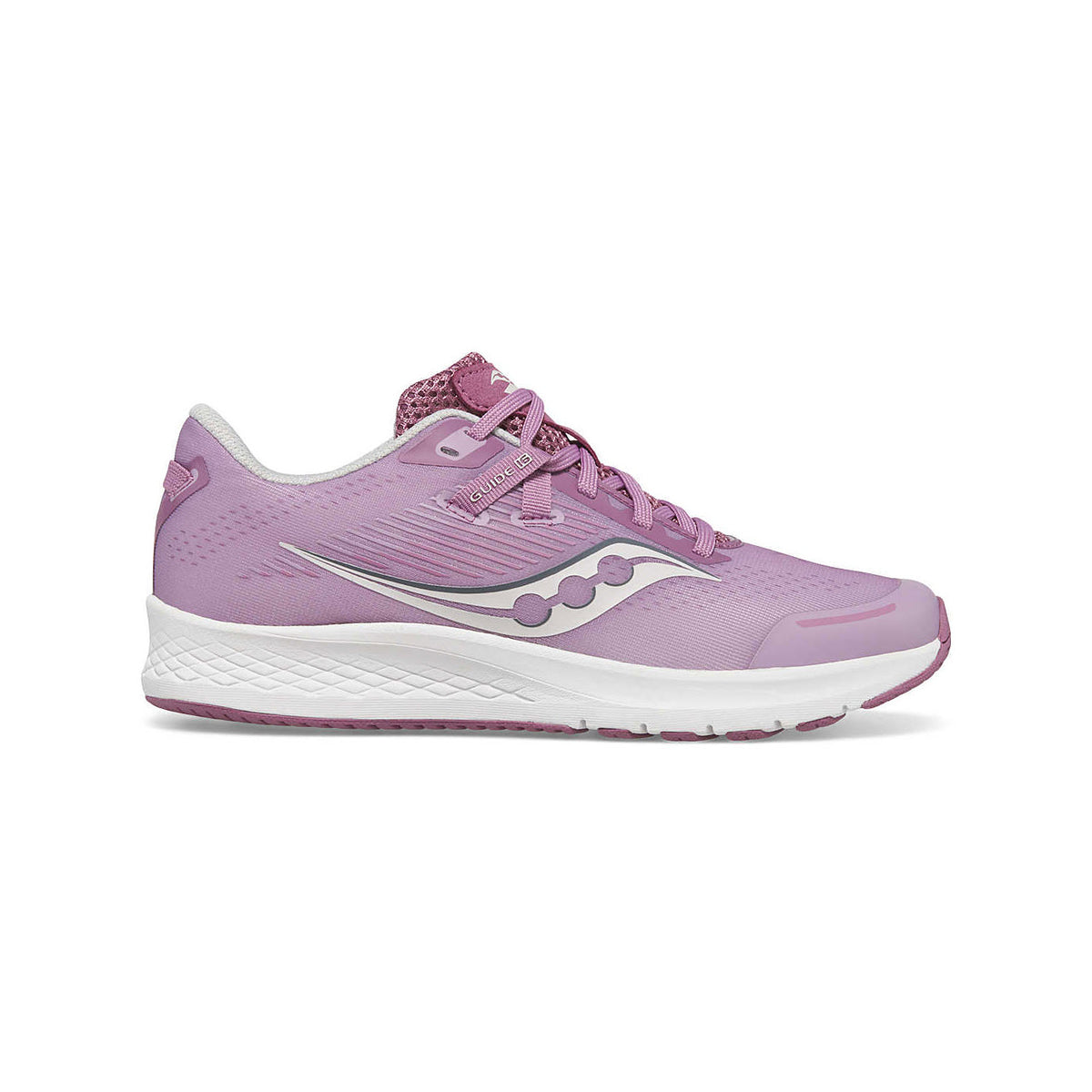 A single light purple Saucony Guide 16 Orchid kids road sneaker with white soles and dynamic geometric designs, viewed from the side.