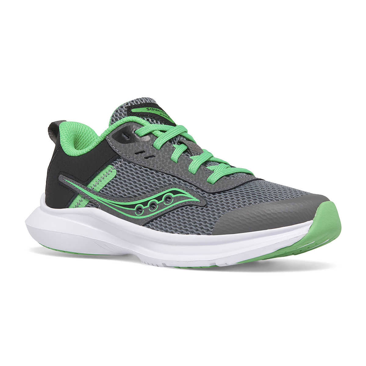A gray and lime green Saucony Kids Axon 3 athletic shoe with a white sole and green laces, featuring a distinct, curvy logo on the side.
