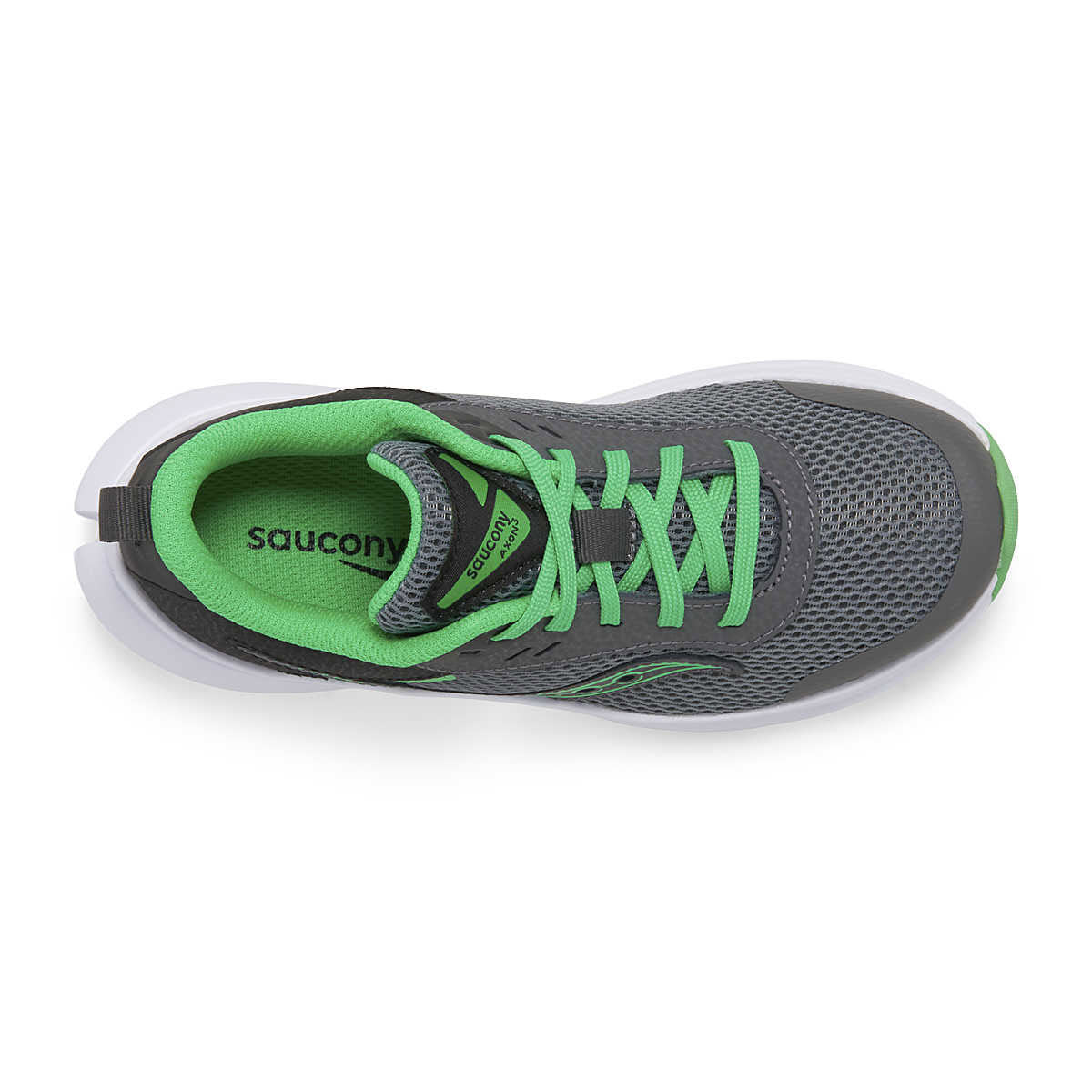 Top view of a gray and green Saucony Kids Axon 3 running shoe with lace-up closure, showing the Saucony brand name on the insole.