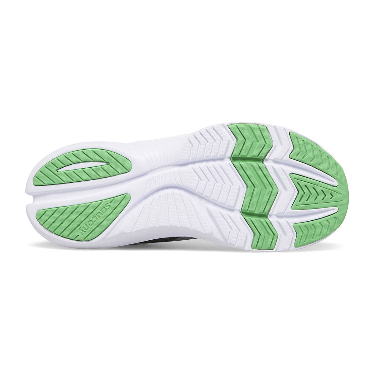 White and green rubber sole of a Saucony sports shoe, featuring eco-friendly comfort, showing treads and Saucony brand logo.
