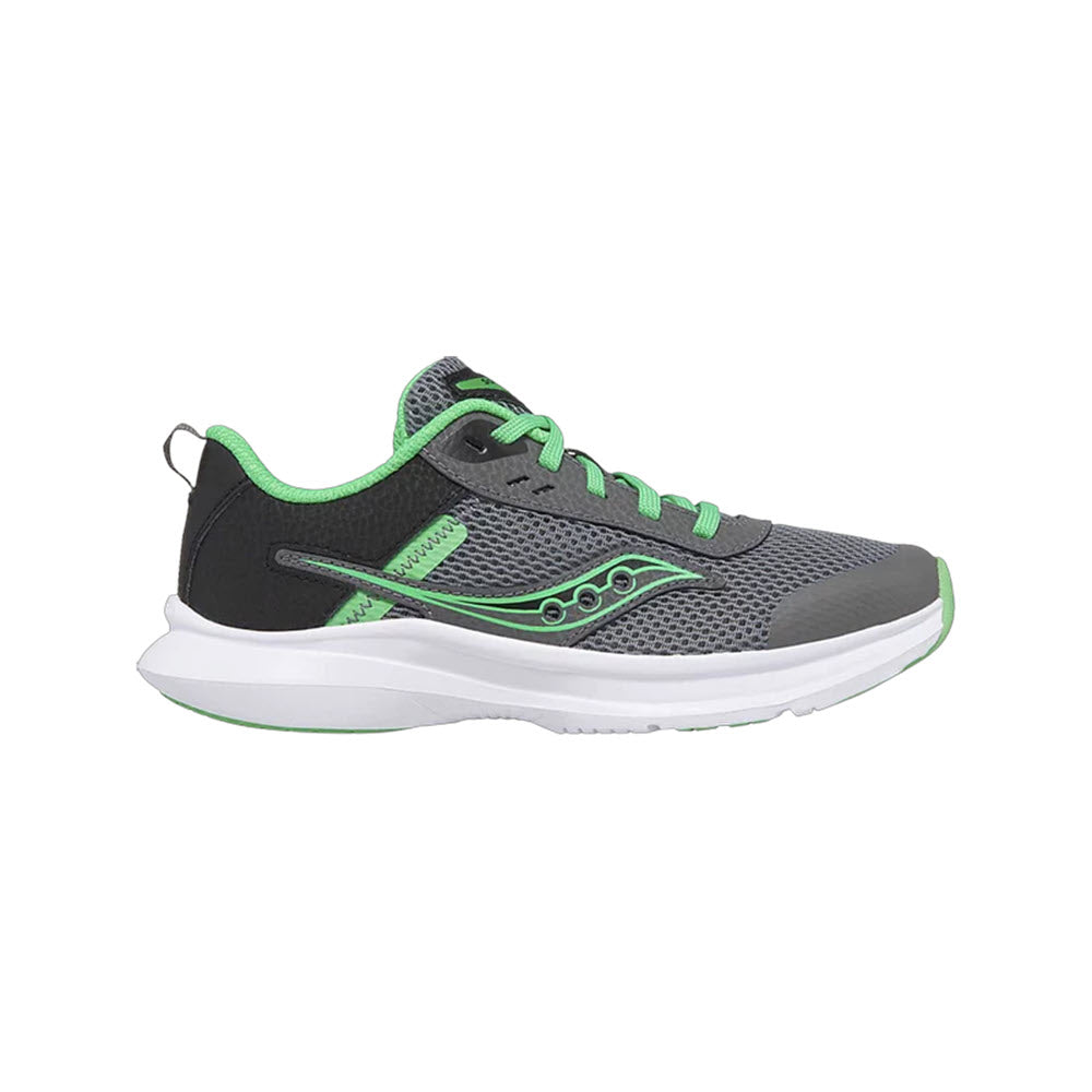 A Saucony Axon 3 grey and green athletic shoe with a mesh upper and a white sole, featuring a lace-up closure, displayed in a side profile on a white background.