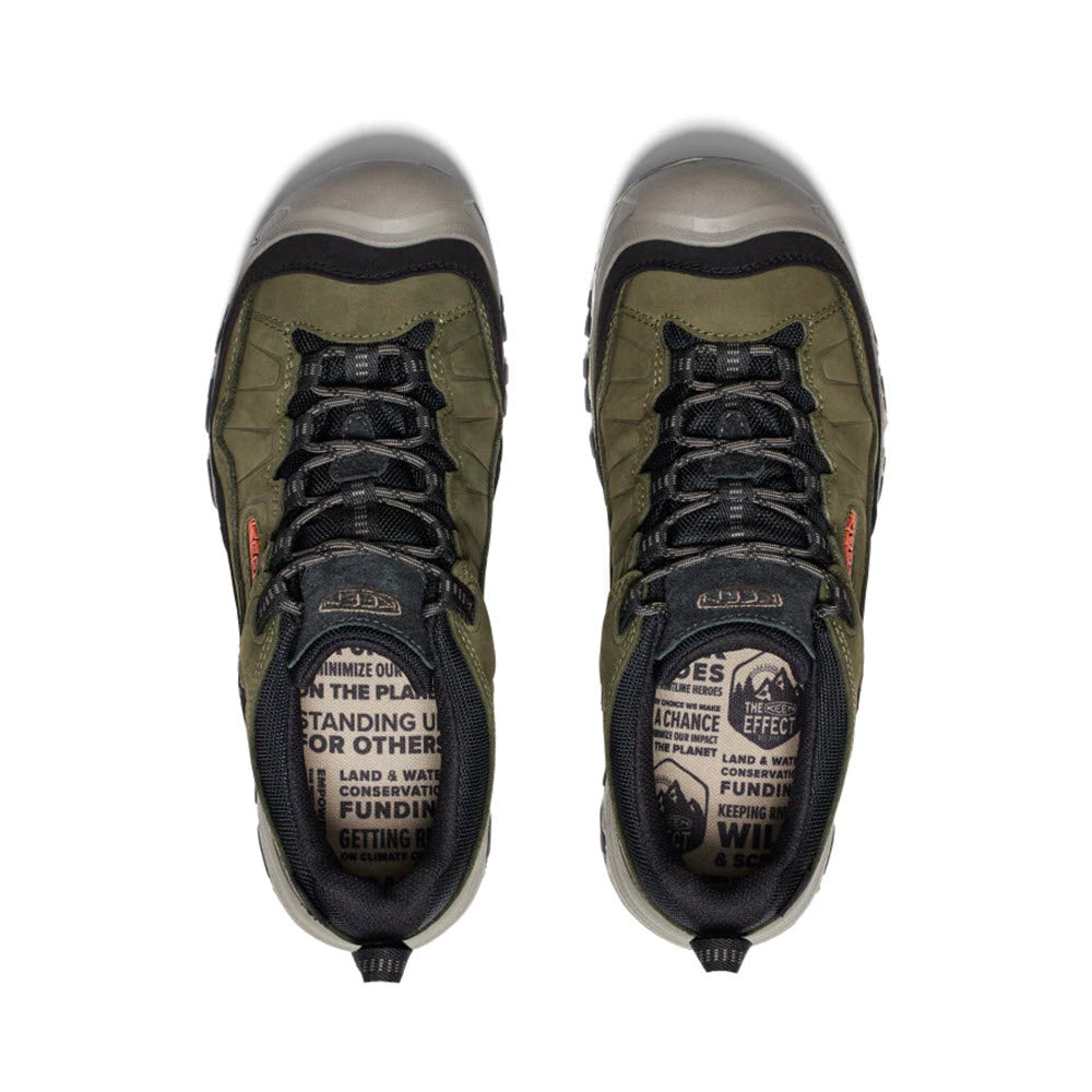 A pair of durable Keen Targhee IV WP Dark Olive/Gold Flame hiking boots viewed from above.